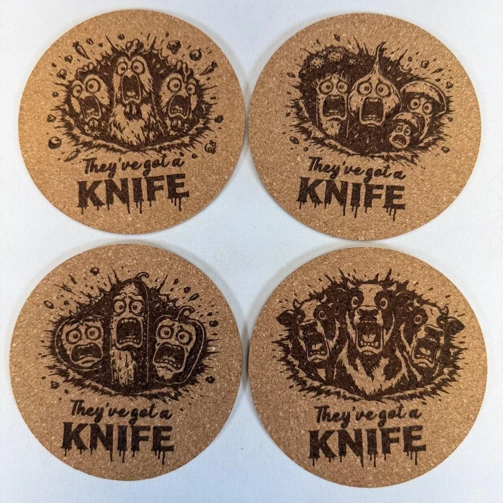 Funny Horror Cork Coaster Set 4 They've Got a Knife Chicken Cow Veggie Pun Bar